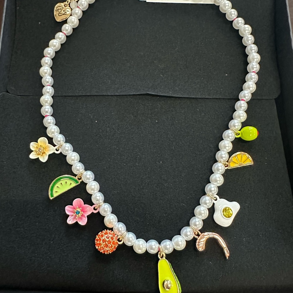Betsey Johnson Pearl Necklace with Colorful Charms